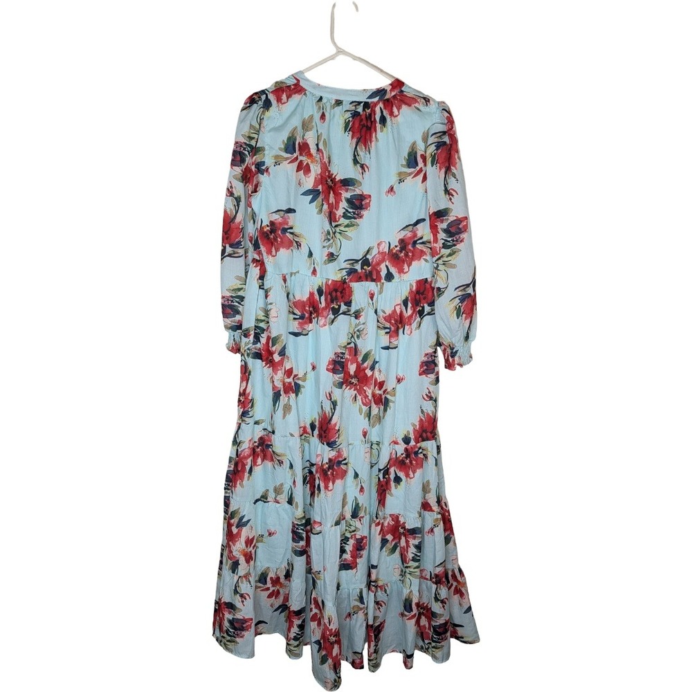 Polagram Floral Maternity Dress Women Size Medium Blue Red Tiered Maxi